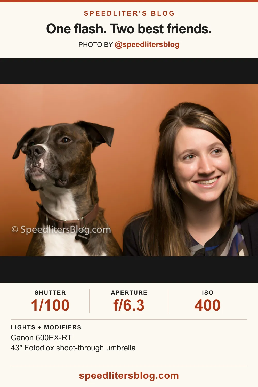Brindle pit bull and smiling woman posed together in front of an orange backdrop