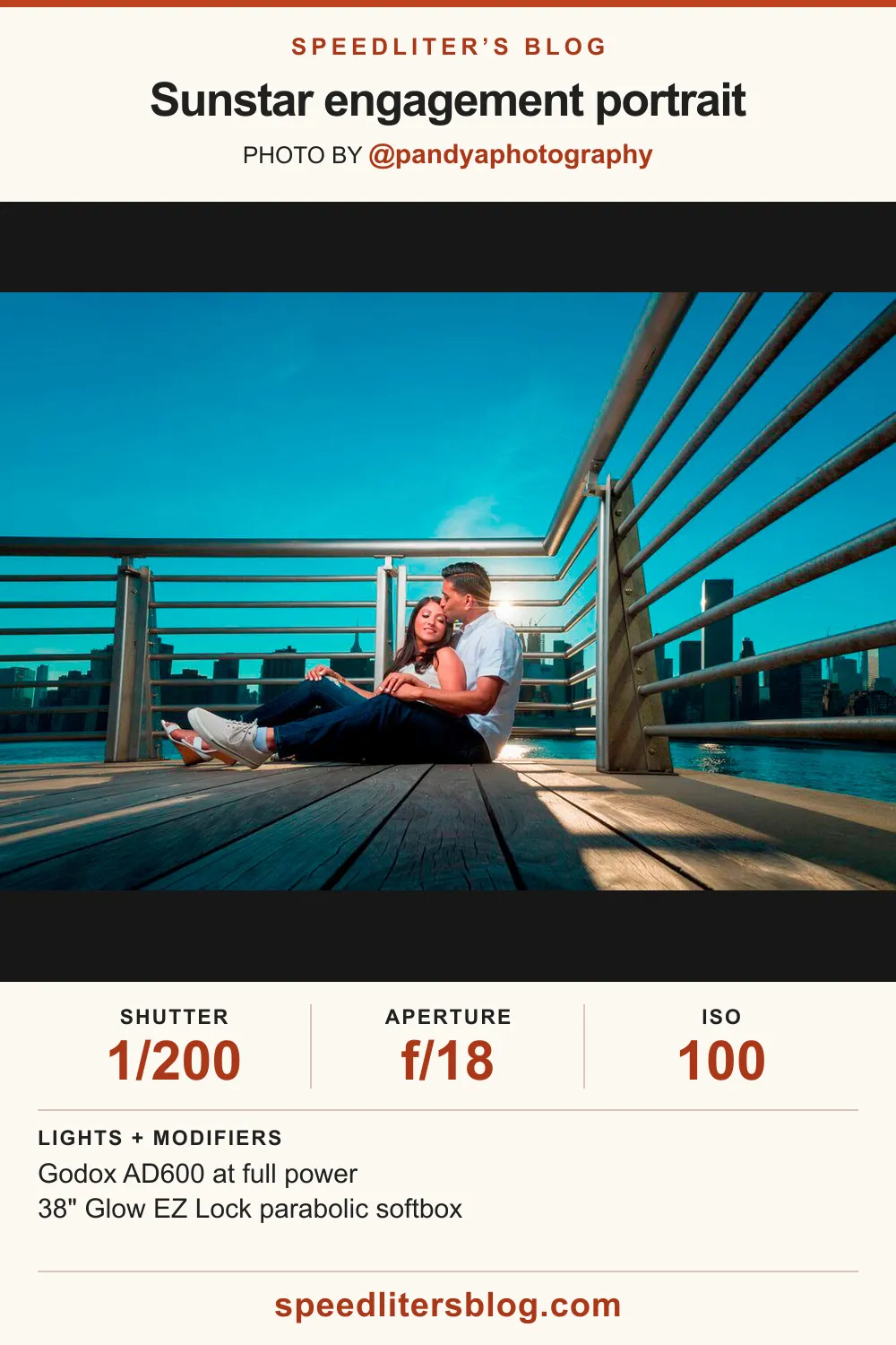 Couple sitting on a waterfront pier with the city skyline behind, photo by Pandya Photography