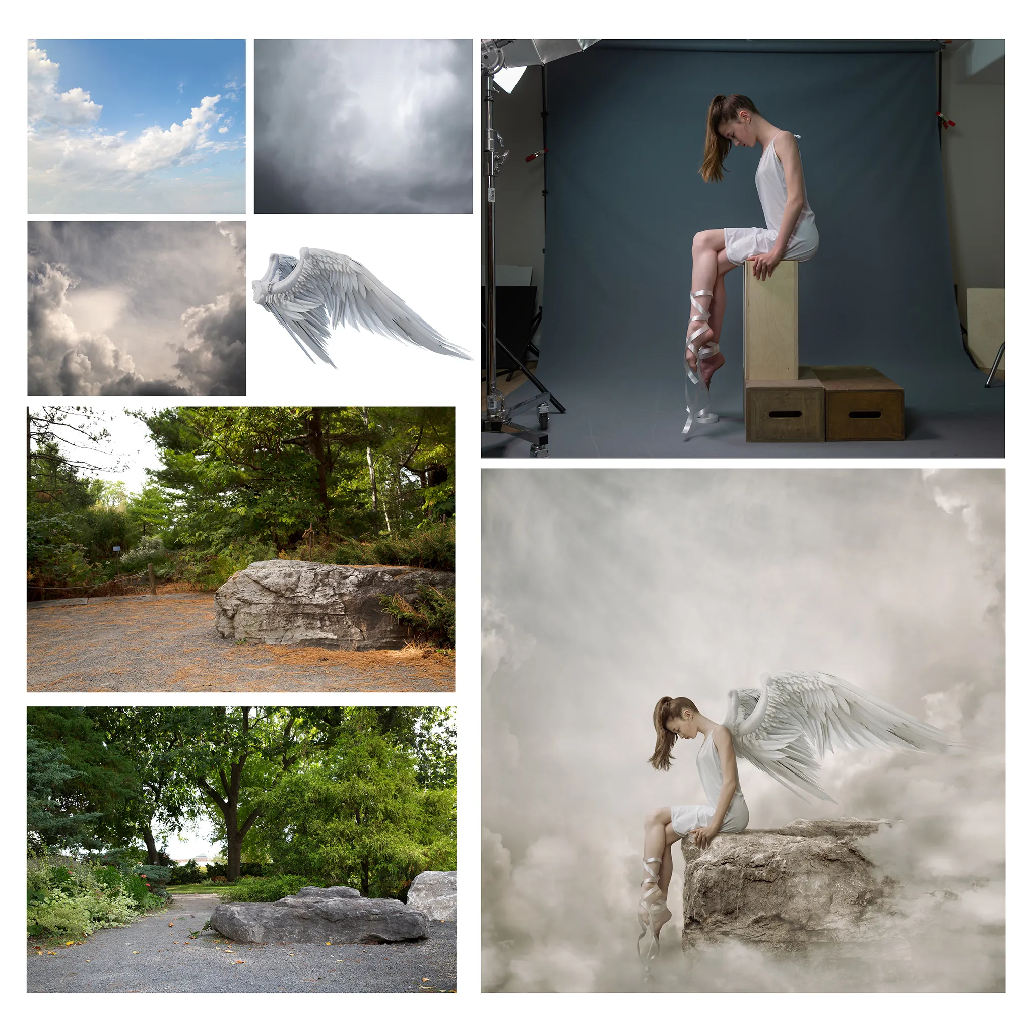 Behind the scenes of Alana Lee’s angel composite: studio shot of the ballerina plus the sky, wing, and rock images used