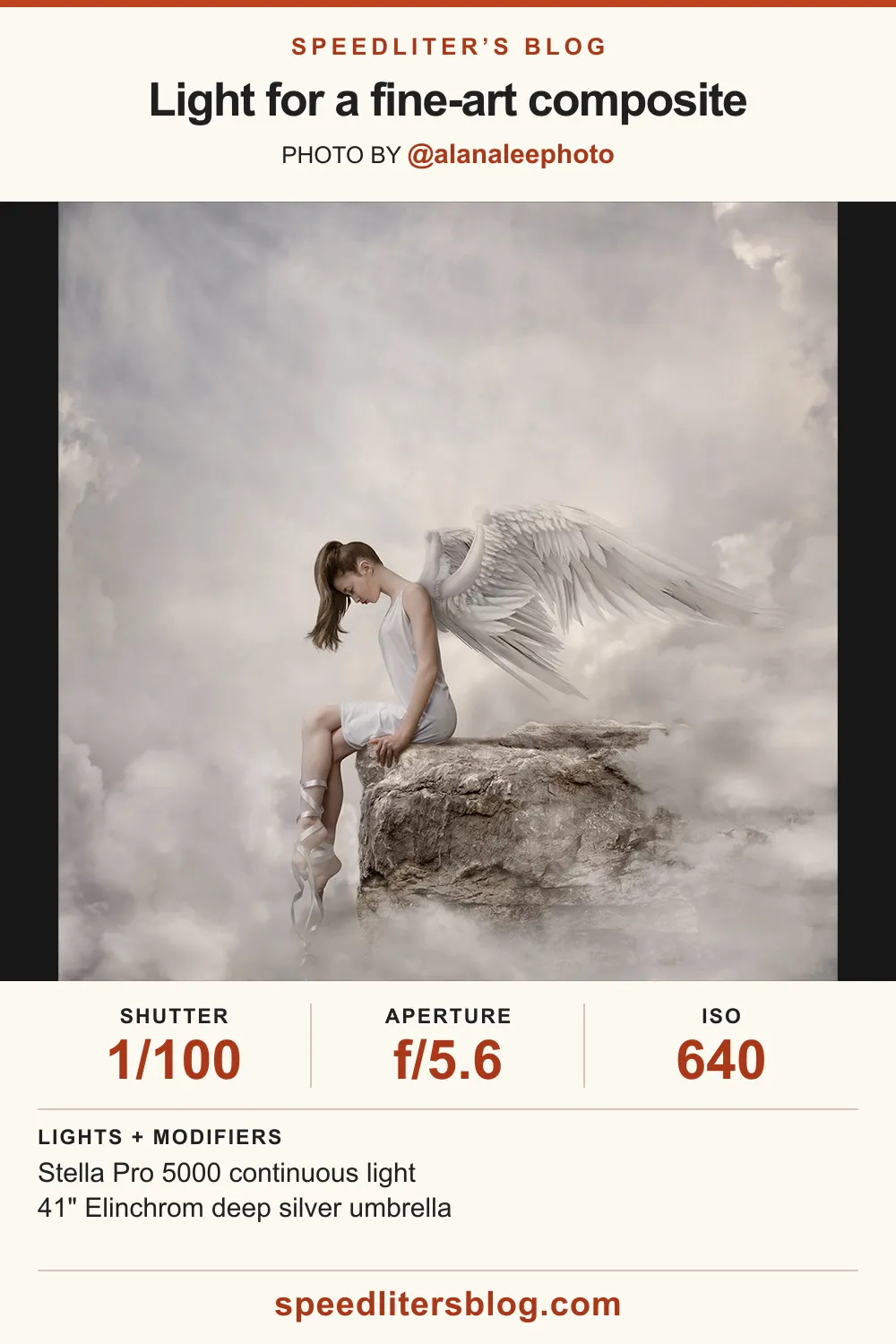 Ballerina with angel wings sitting on a rock among clouds, a fine art composite by Alana Lee
