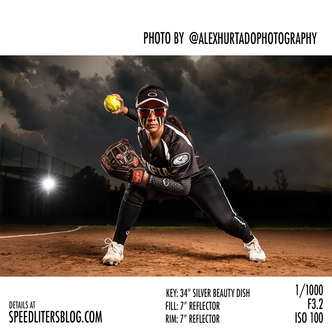 Softball pitcher crouched with glove and ball on a dirt infield under stormy skies, by Alex Hurtado