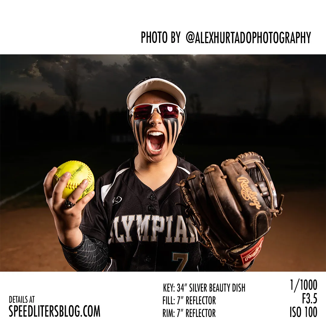 Softball player with eye black shouting while holding a ball and glove, by Alex Hurtado
