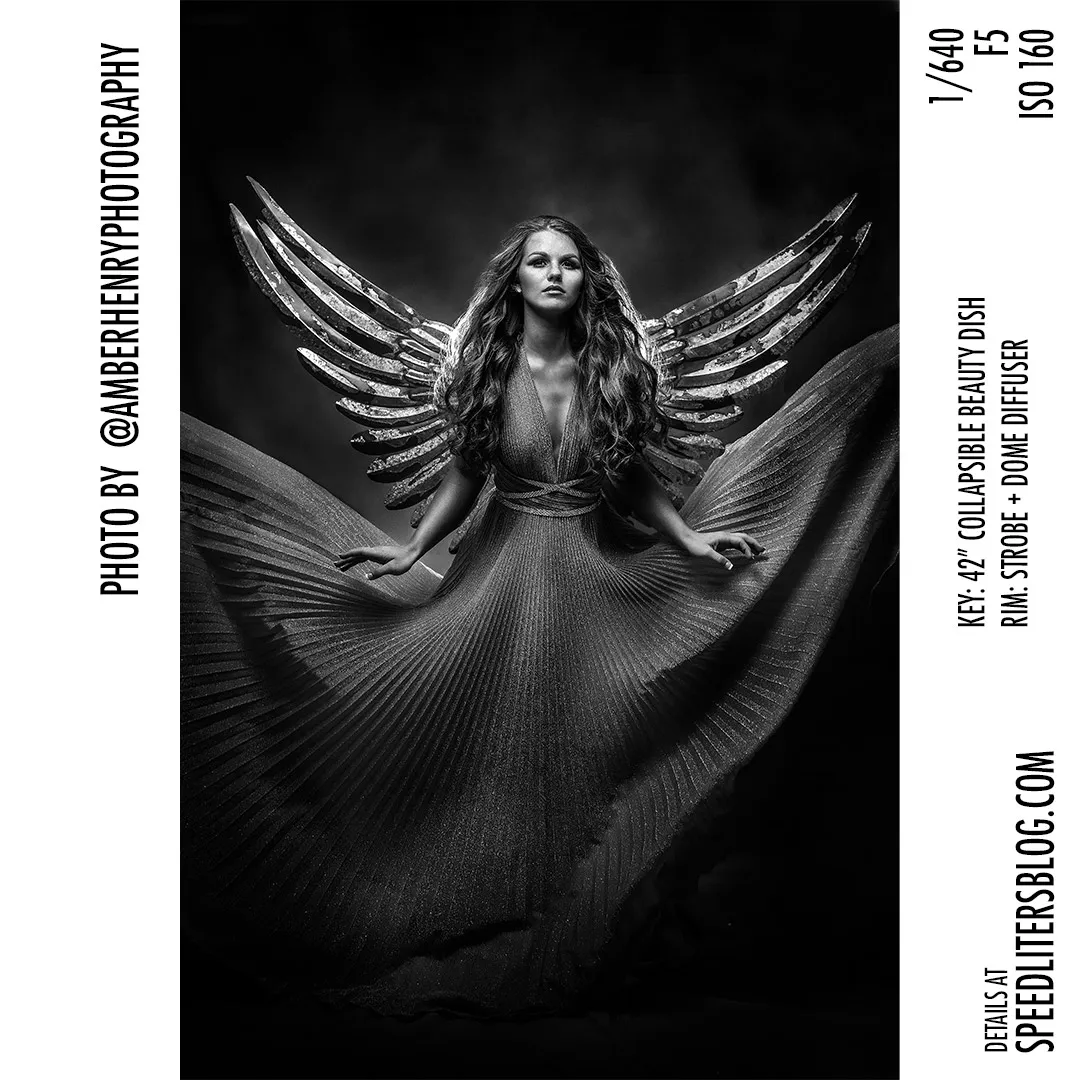 Winged woman in a flowing gown with her dress lifted around her, black-and-white fantasy portrait by Amber Henry