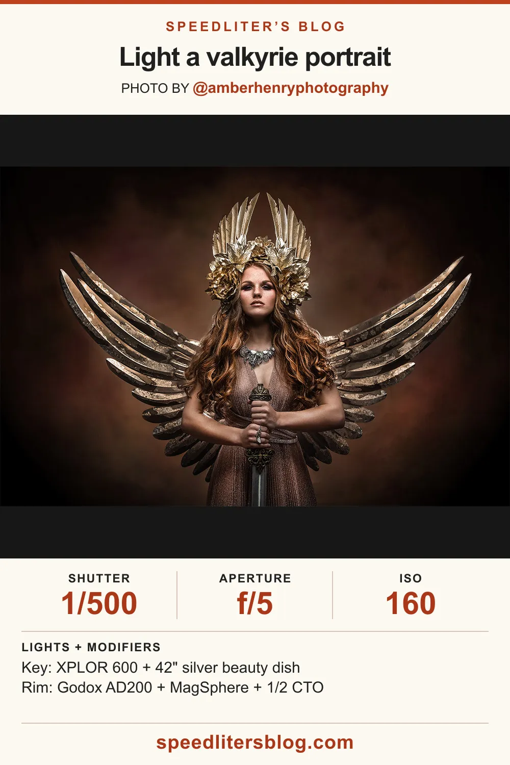Woman in a golden crown with large metal wings holding a sword, dramatic fantasy portrait by Amber Henry