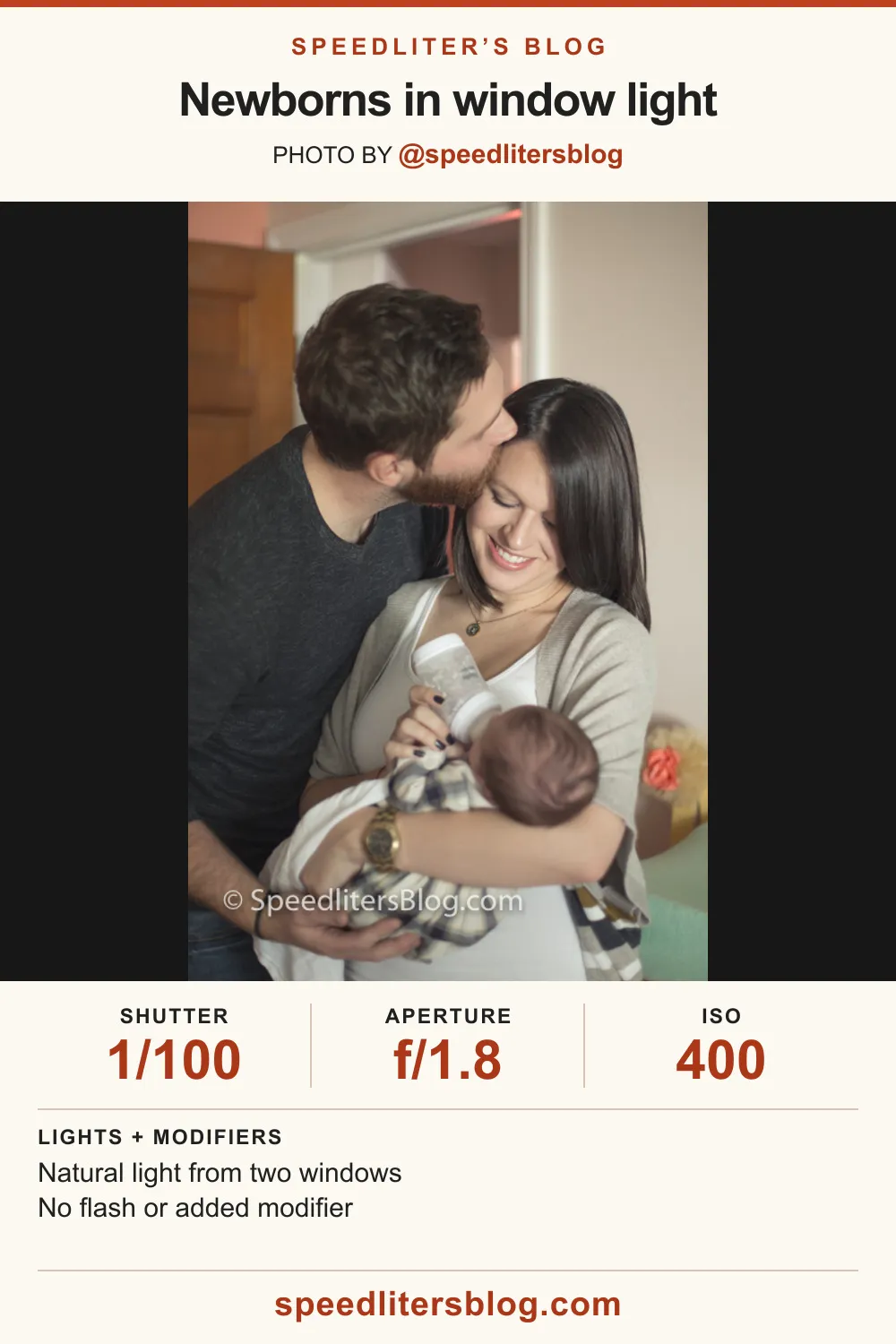 Father kissing mother as she bottle-feeds their newborn by a window