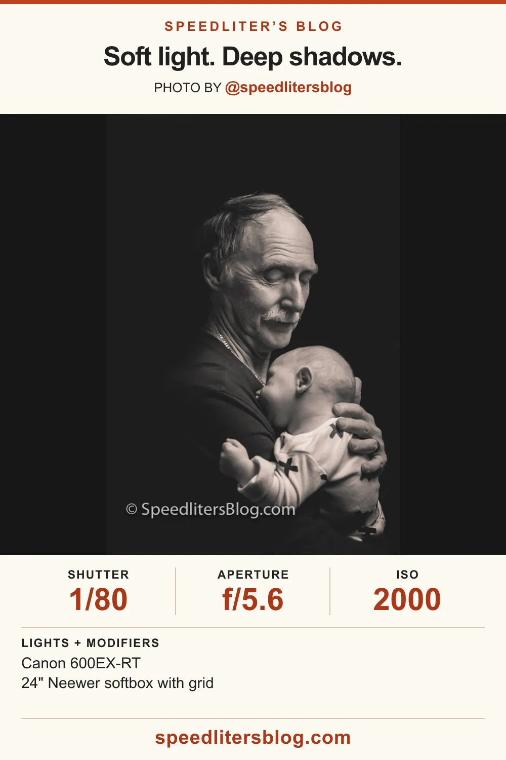 Grandfather holding a sleeping baby, black-and-white portrait lit by one softbox