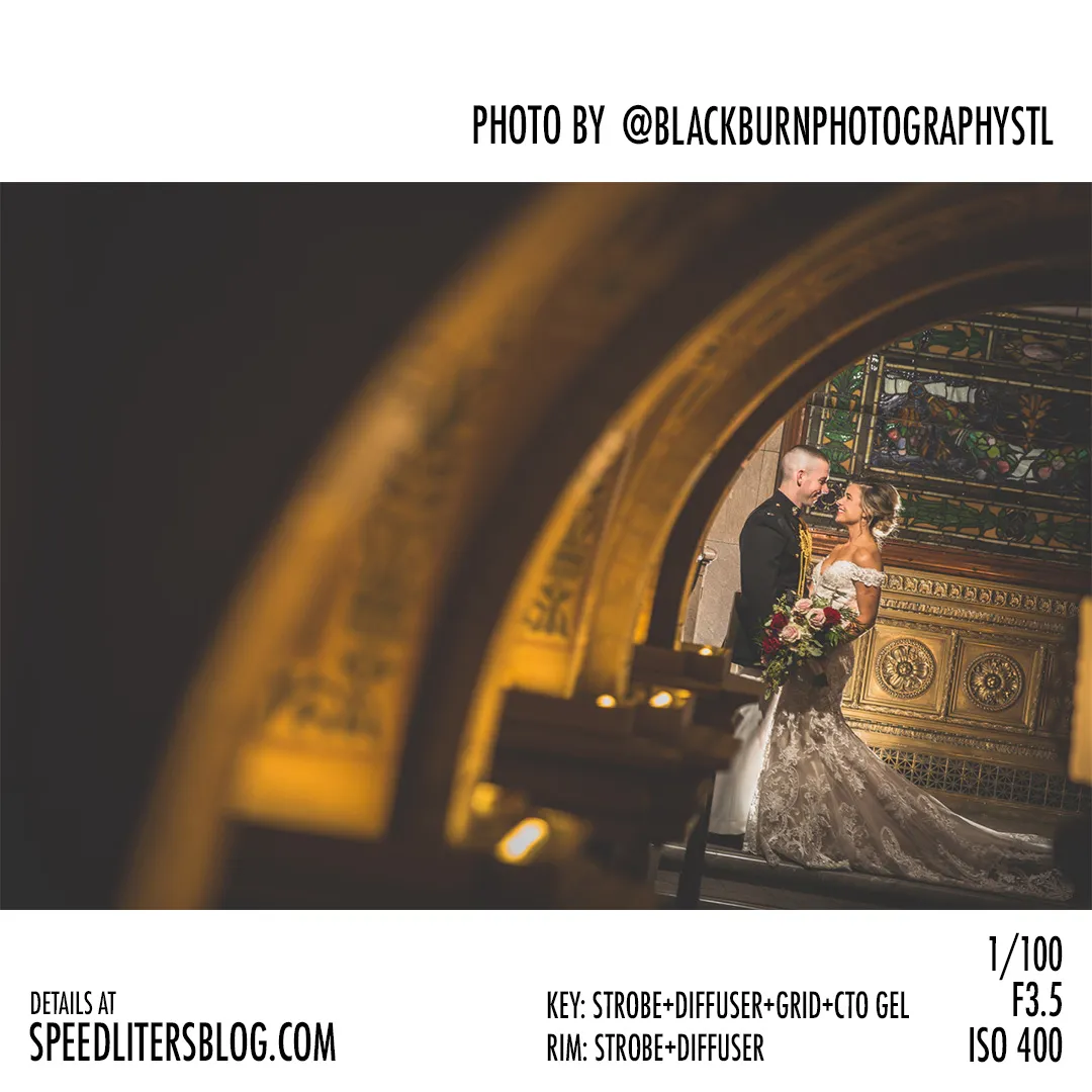 Bride and groom framed by an ornate archway, wedding photo by Brad Blackburn