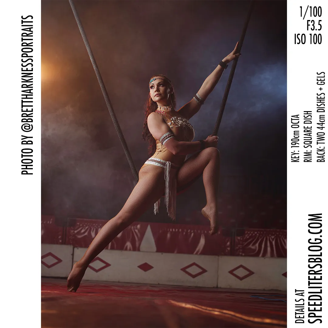 Aerialist posing on a hoop inside a smoky circus ring, by Brett Harkness