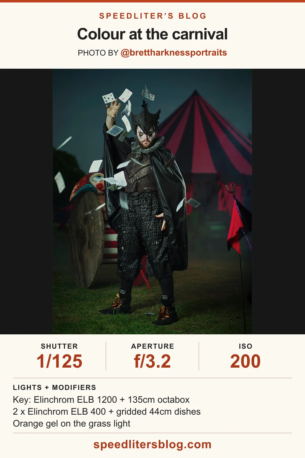 Performer in a dark costume throwing playing cards in front of a red circus tent, by Brett Harkness
