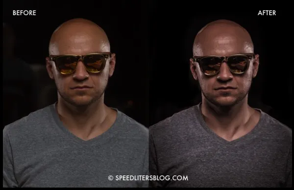 Before and after edit of a dramatic portrait of a man in sunglasses