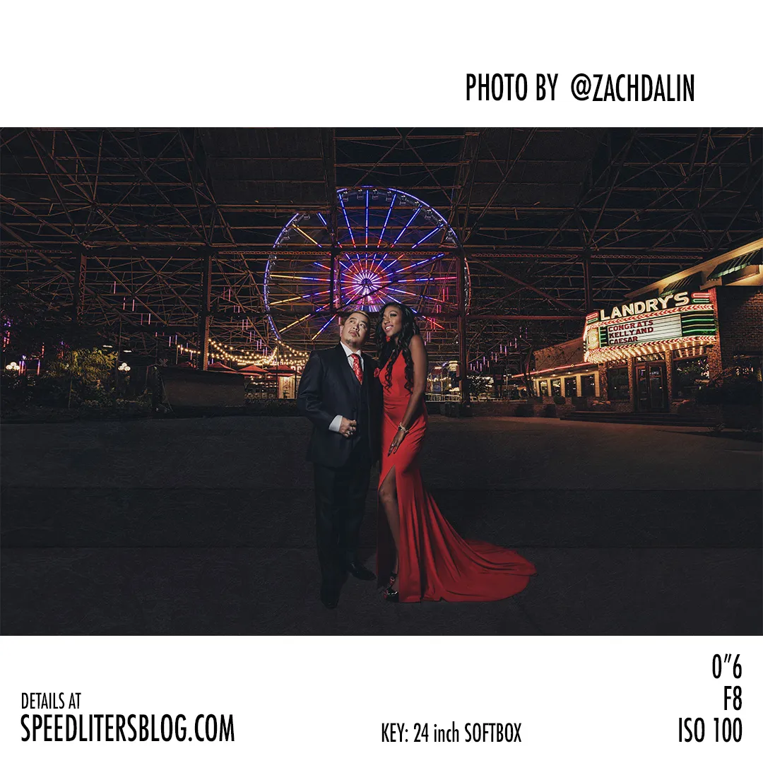 Couple in front of a lit Ferris wheel at night, engagement photo by Zach Dalin