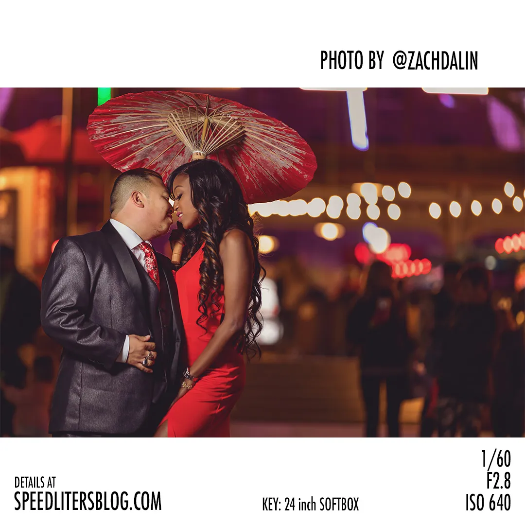Couple kissing under a parasol with carnival lights behind, by Zach Dalin
