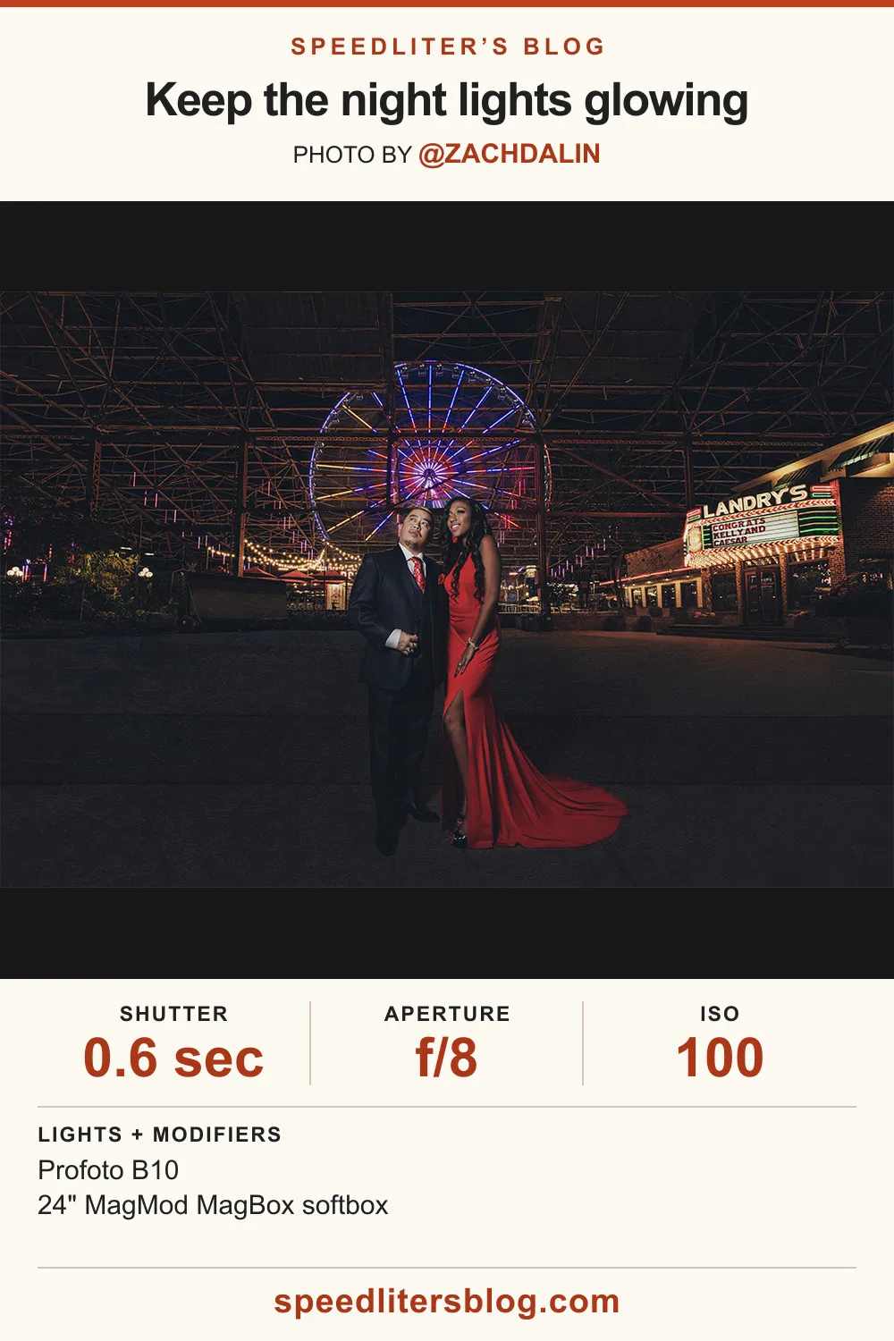 Couple in front of a lit Ferris wheel at night, engagement photo by Zach Dalin