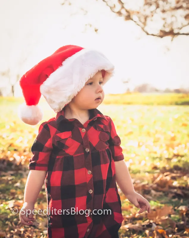 Toddler in a Santa hat and red plaid dress standing in fall leaves