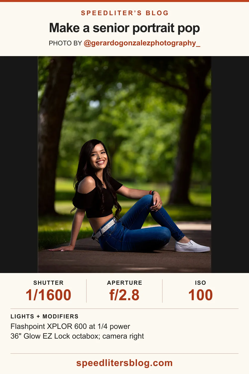 High school senior sitting in a shaded park and smiling, lit by an octabox, by Gerardo Gonzalez