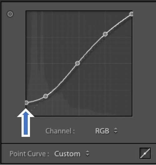 Lightroom tone curve with the black point raised to create a matte look