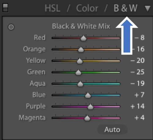 Lightroom Black and White Mix panel with the color sliders adjusted