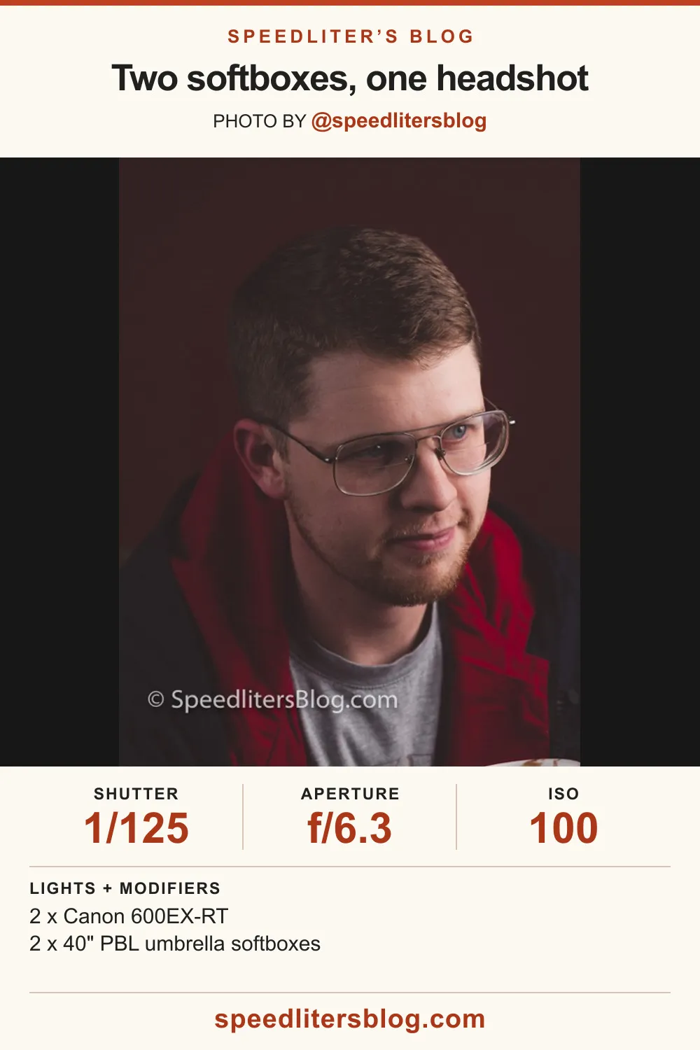 Headshot of a man in glasses against a red wall, with the two-softbox lighting diagram