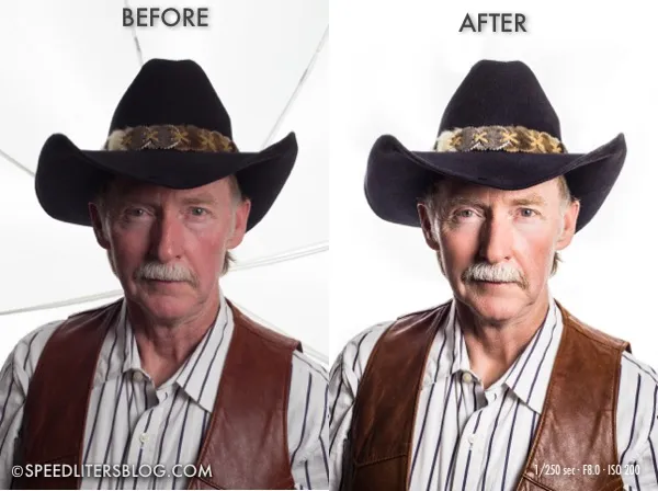 Before and after edit of a cowboy portrait on a white background