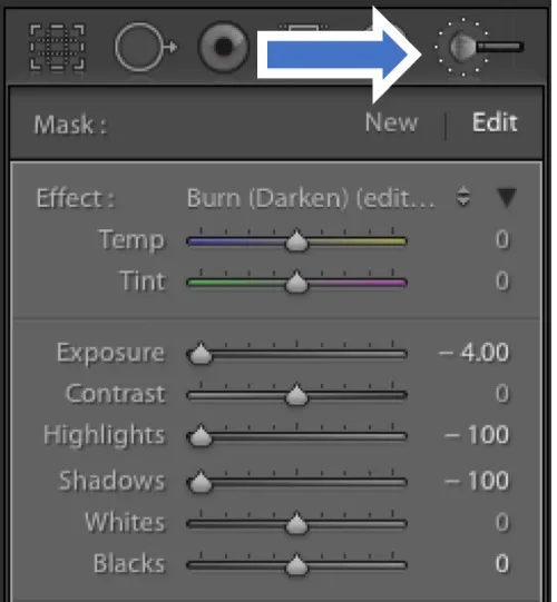 Lightroom adjustment brush set to Burn (Darken) with exposure at -4