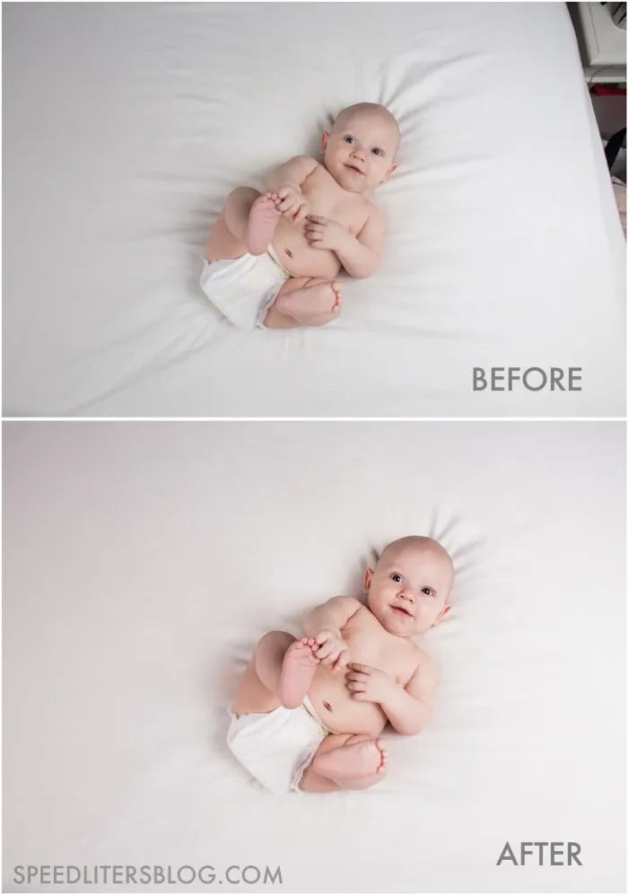 Before and after of a baby lying on white sheets, with the background brightened to clean white