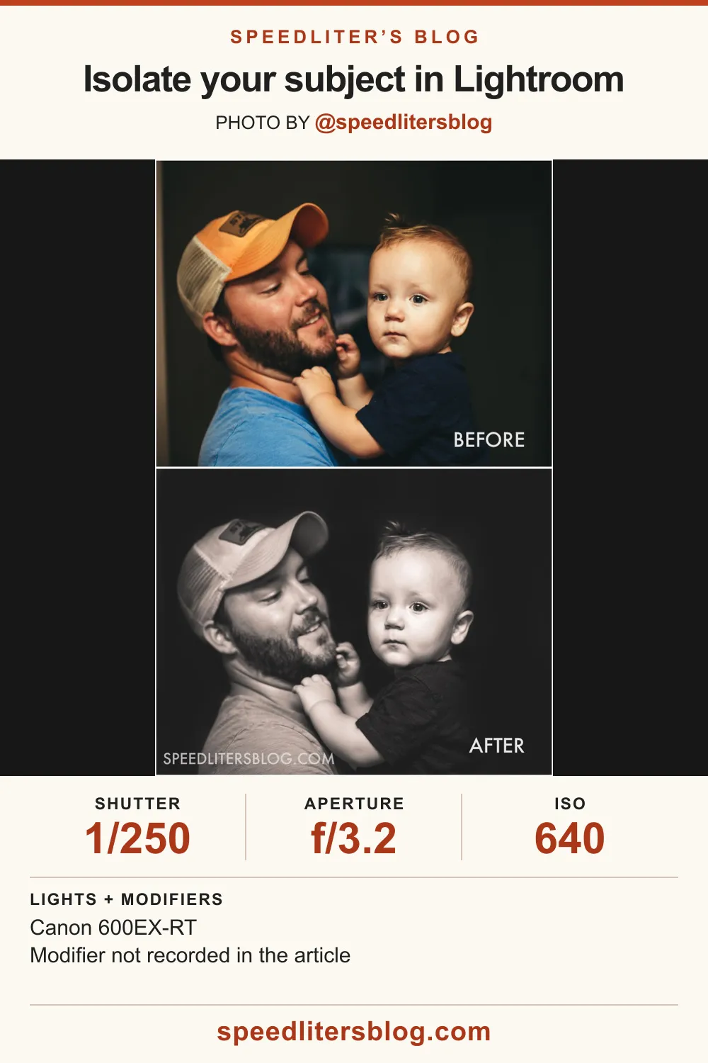 Before and after of a father holding his baby, with the background darkened in Lightroom