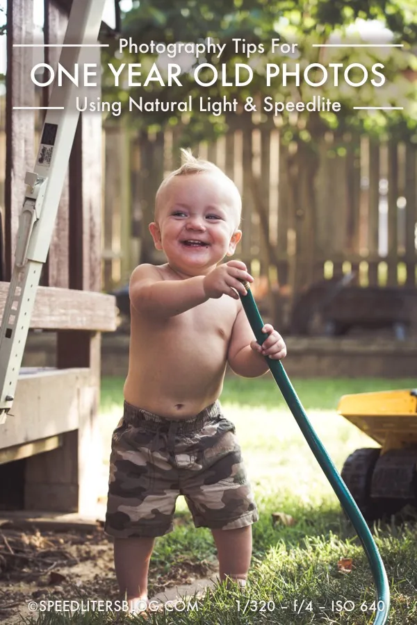Photography tips for one year old photos pin: toddler holding a garden hose