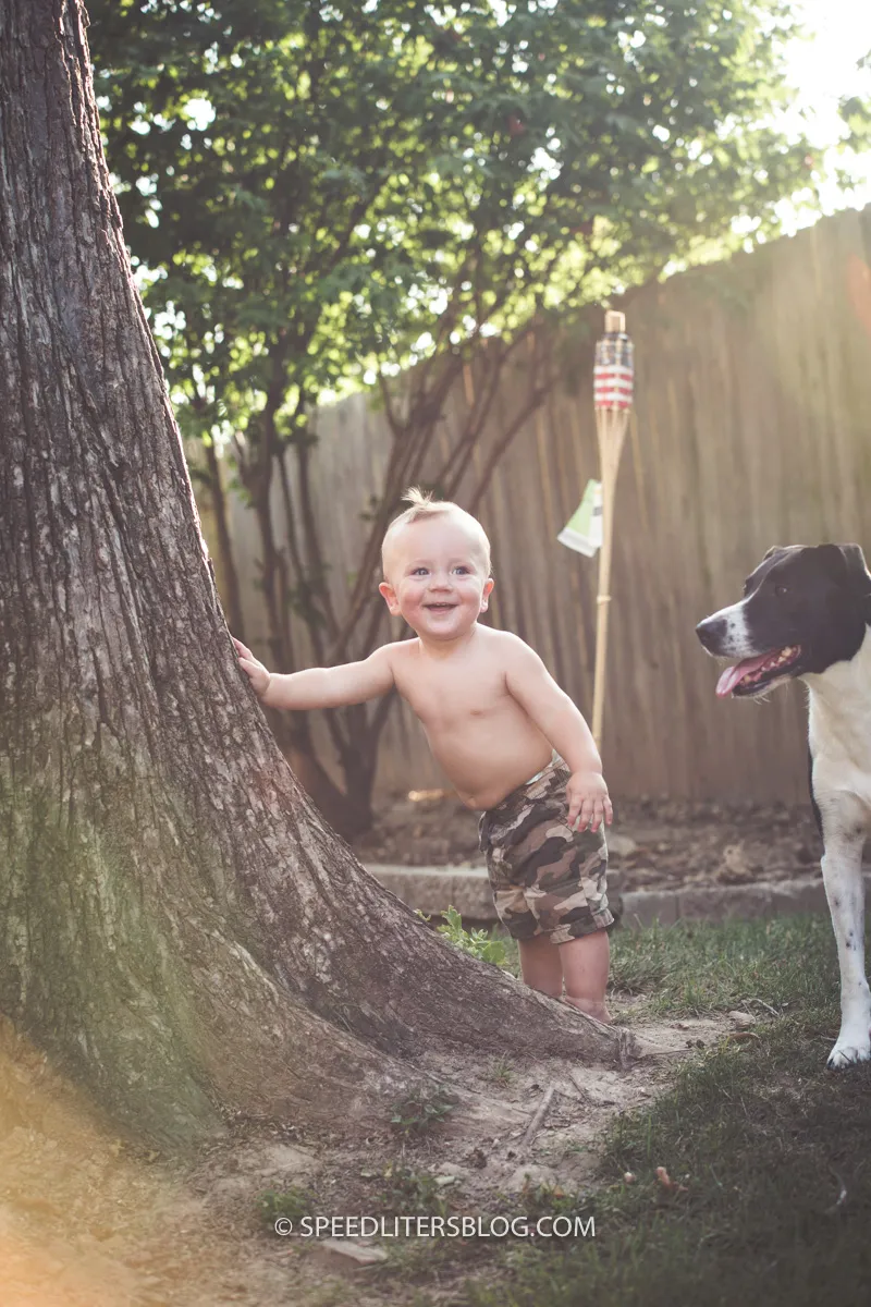 Shirtless toddler by a tree in the backyard with the family dog, sun flaring behind
