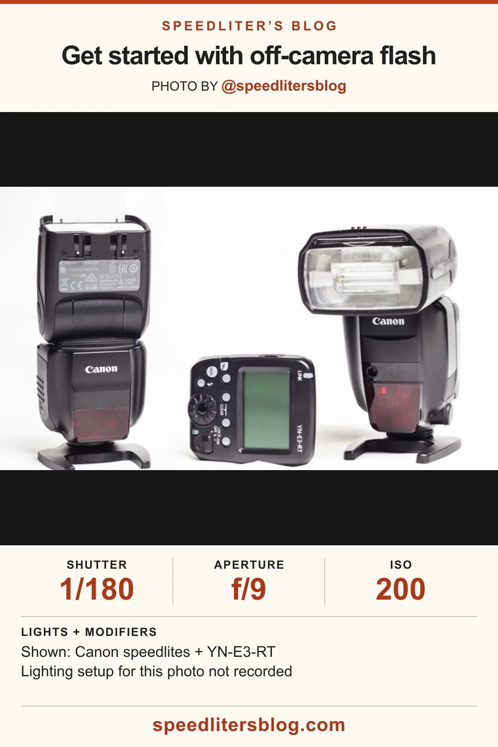 Two Canon 600EX-RT speedlites and a Yongnuo YN-E3-RT radio trigger