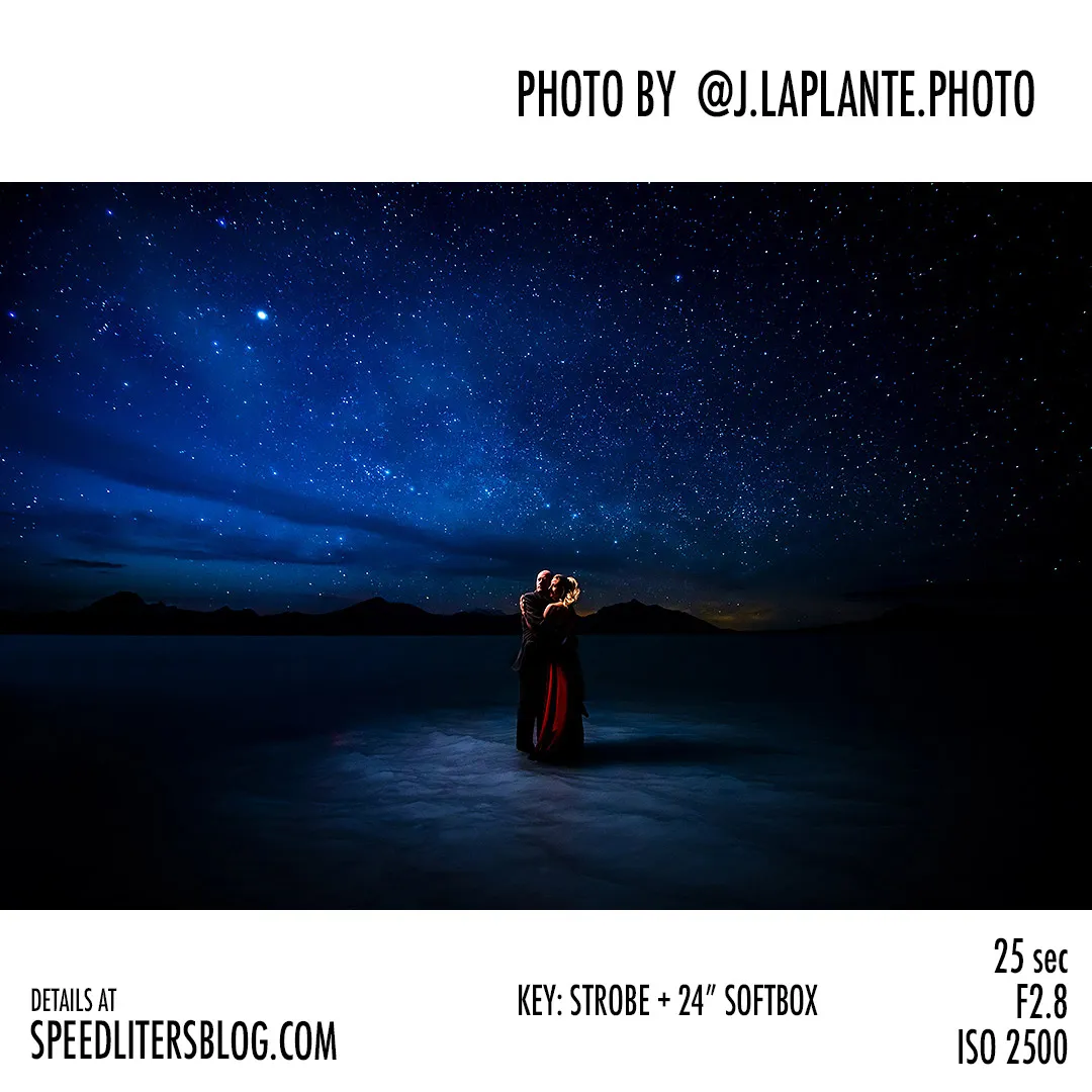 Couple embracing under a starry night sky on a salt flat, by J La Plante