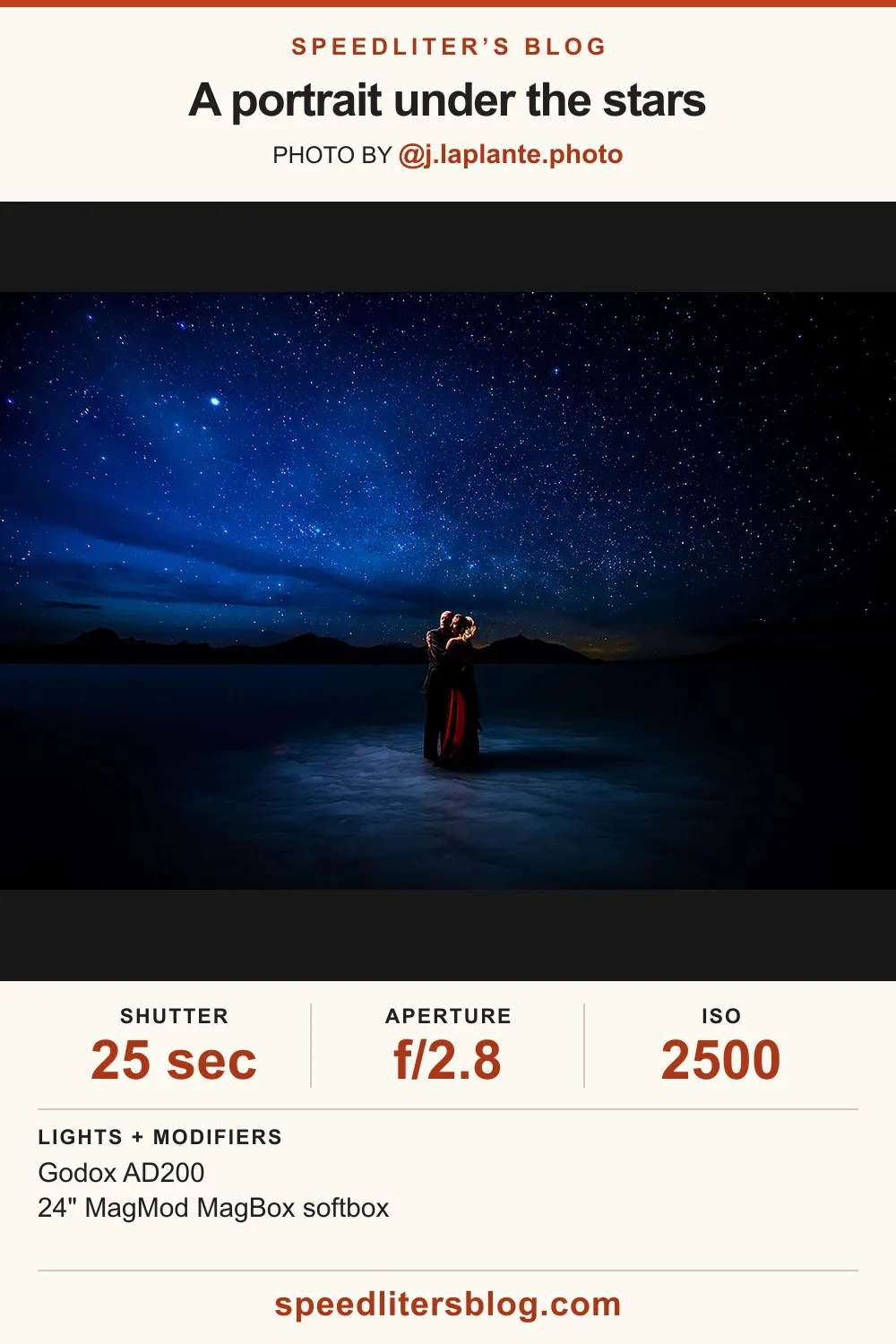 Couple embracing under a starry night sky on a salt flat, by J La Plante