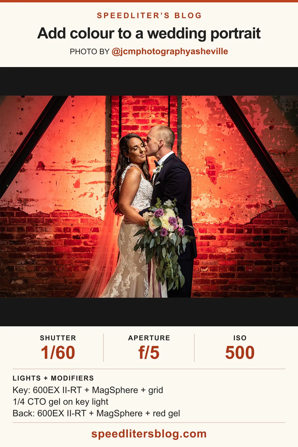 Groom kissing the bride against a red-lit brick wall, by JCM Photography