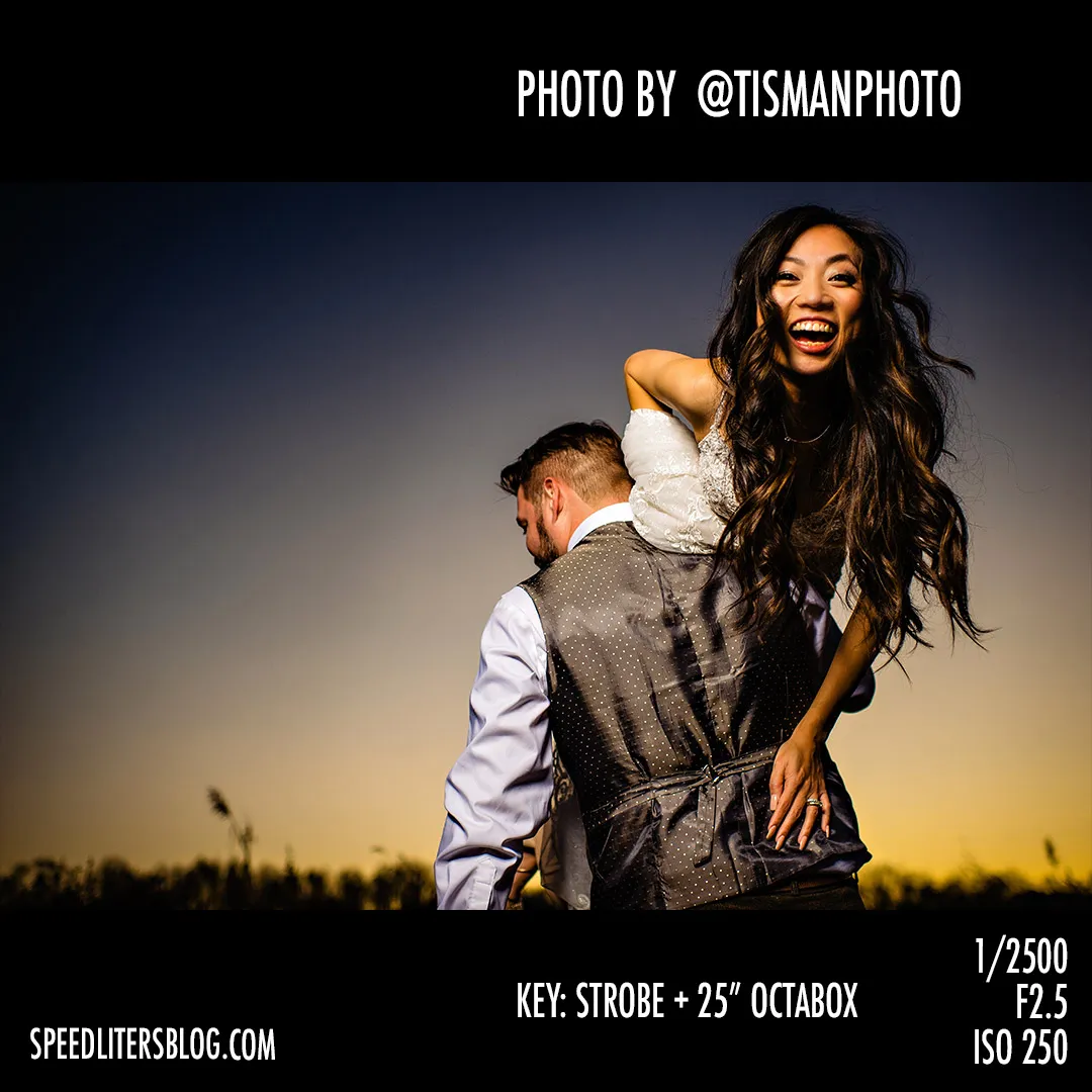 Laughing bride riding piggyback on the groom at sunset, by Jeff Tisman
