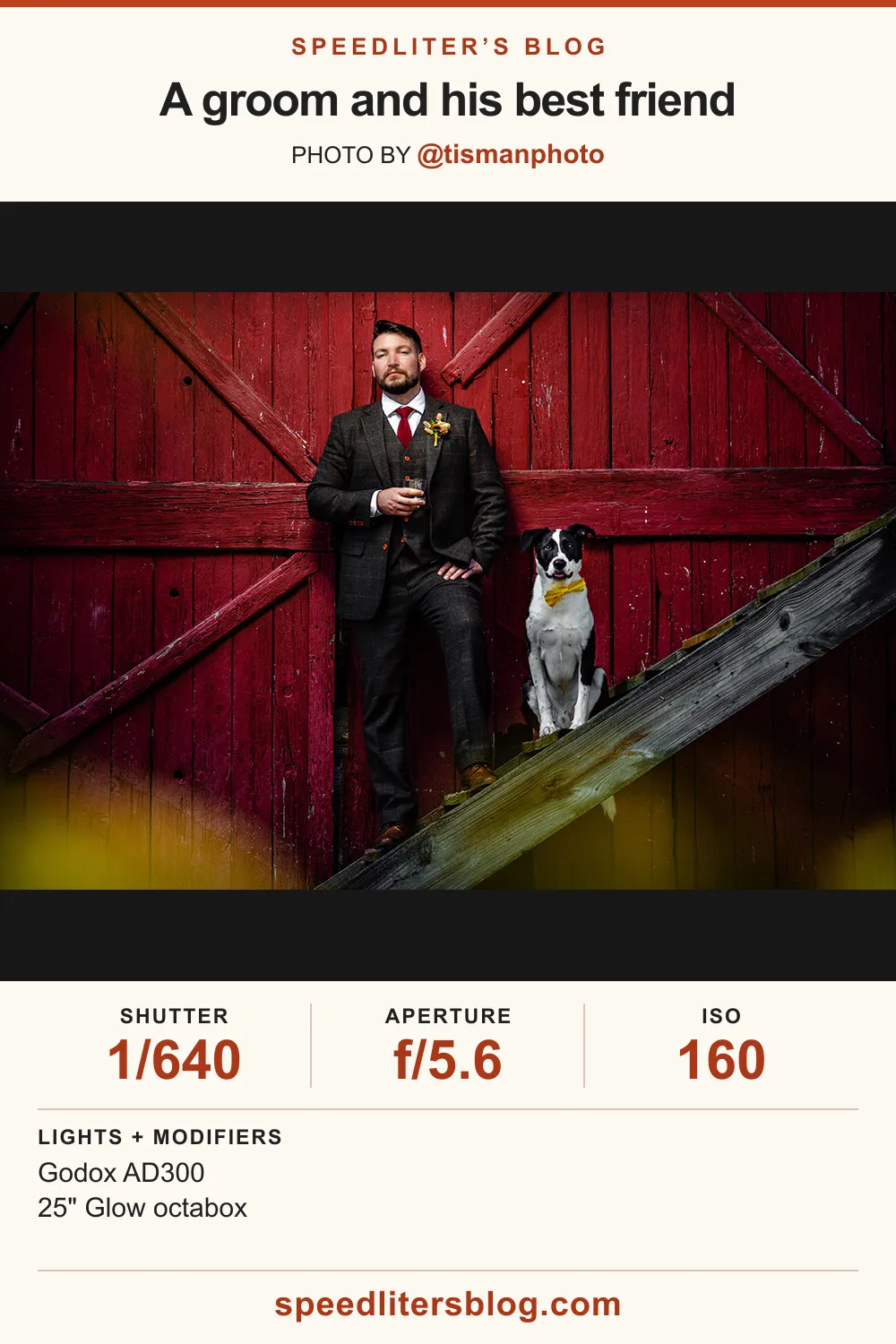Groom in a three-piece suit with his dog in front of a red barn door, by Jeff Tisman