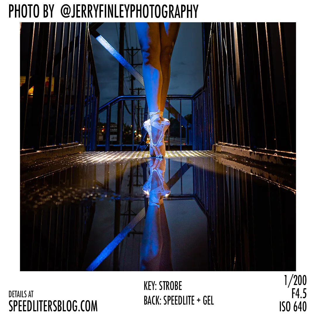 Ballerina en pointe reflected in a wet footbridge at dusk, by Jerry Finley