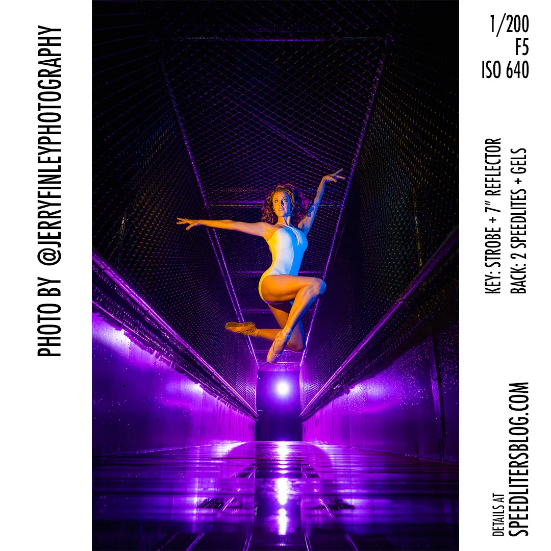Dancer mid-leap inside a purple-lit footbridge, by Jerry Finley