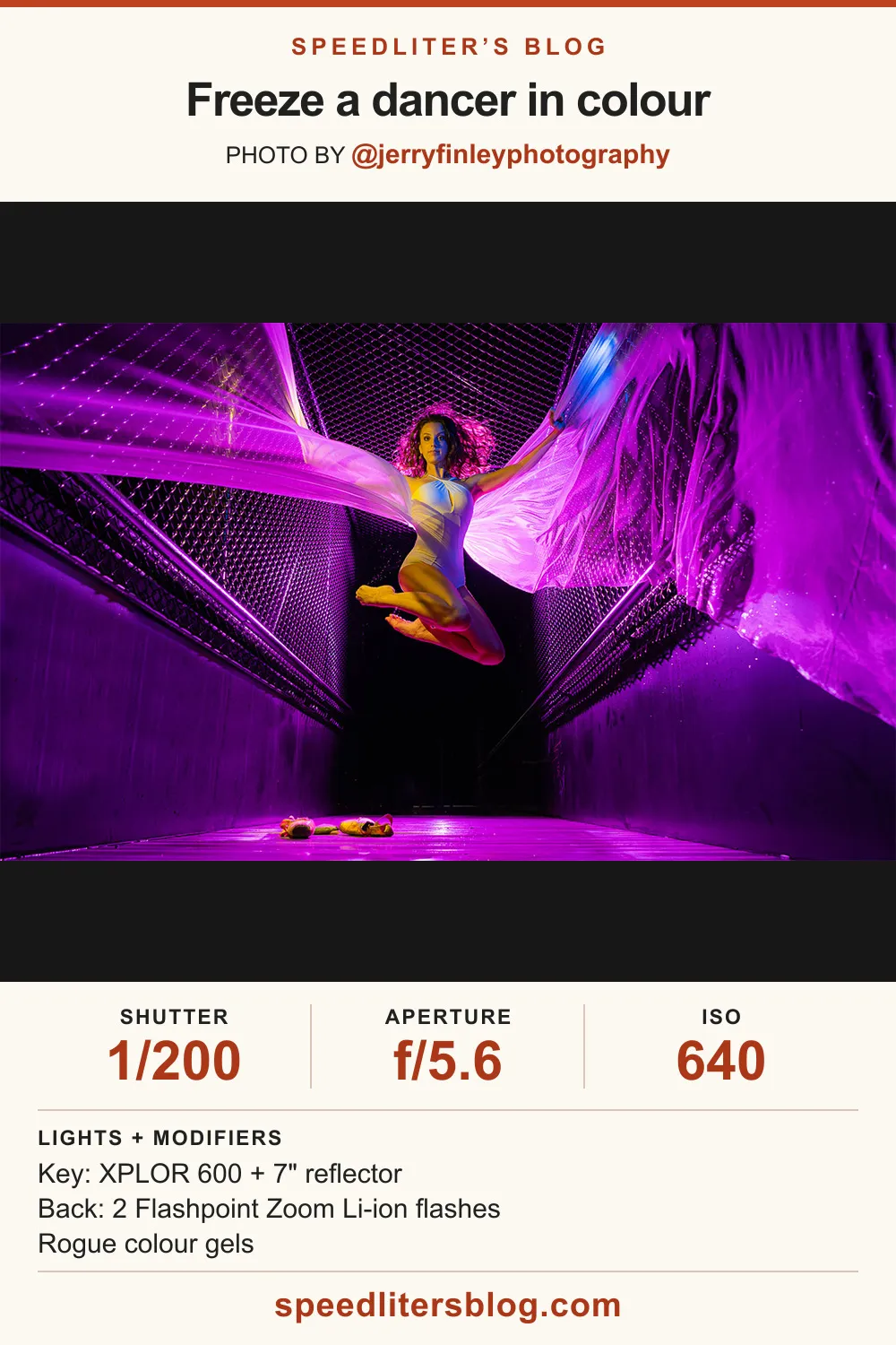 Dancer leaping on a footbridge with purple fabric flowing behind her, by Jerry Finley