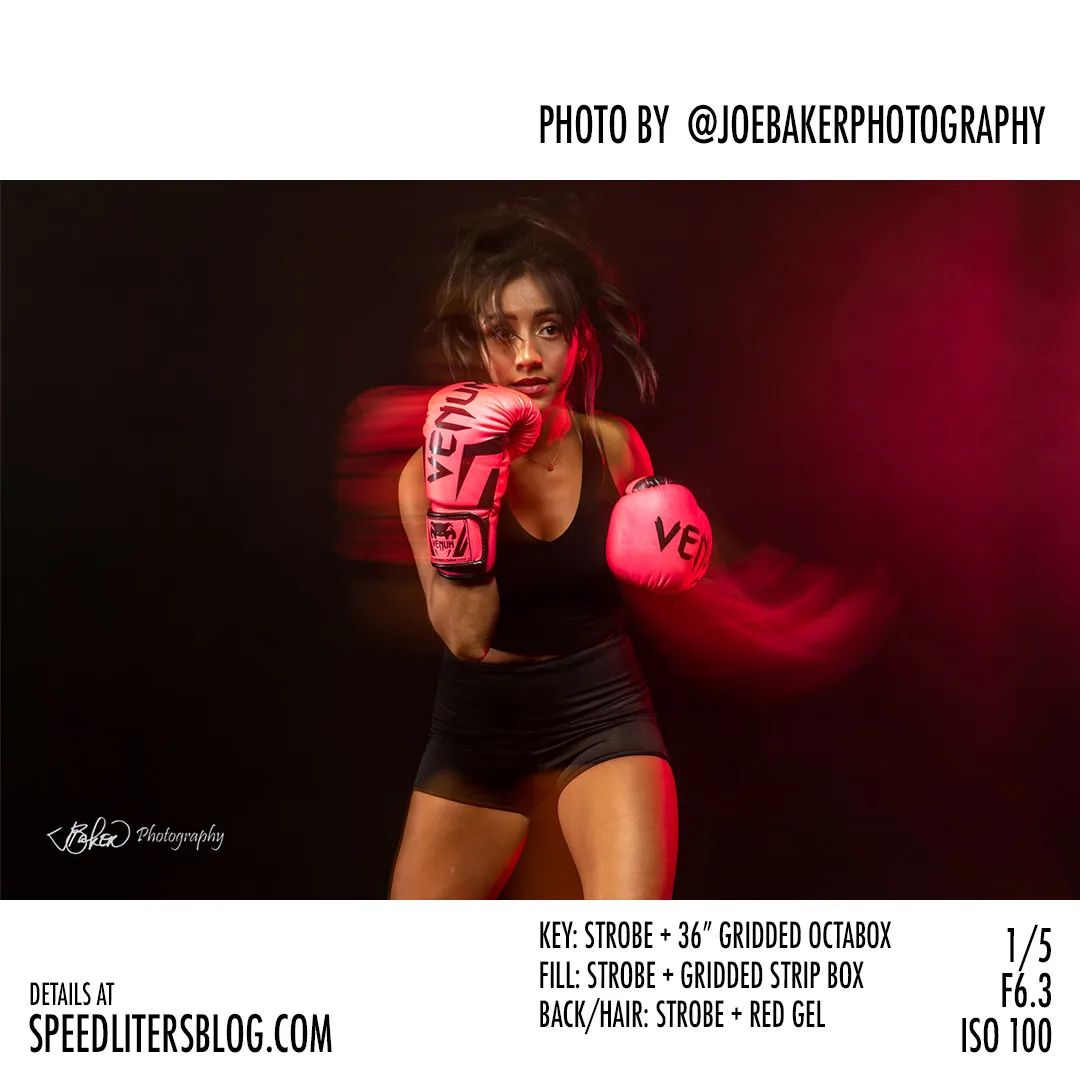 Female boxer throwing punches in pink gloves with motion blur, by Joe Baker
