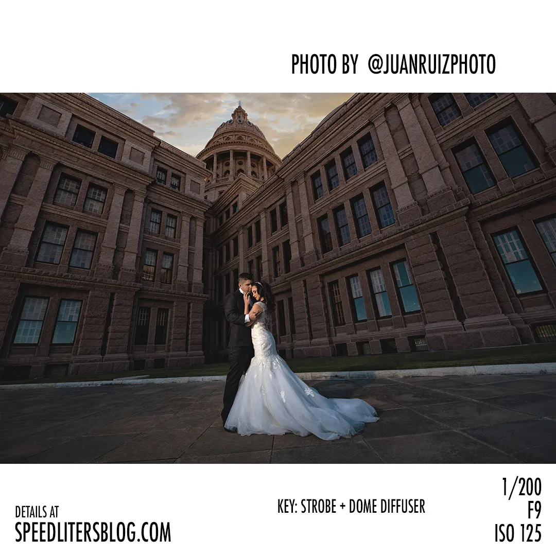 Bride and groom in front of the Texas State Capitol, wide-angle view, by Juan Ruiz