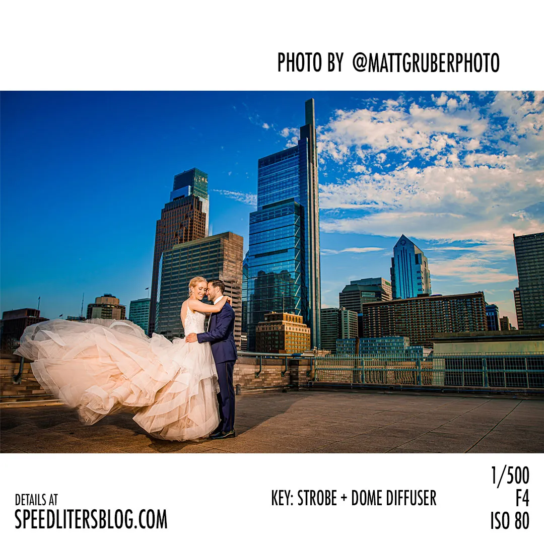 Bride and groom on a rooftop with the Philadelphia skyline behind, by Matt Gruber