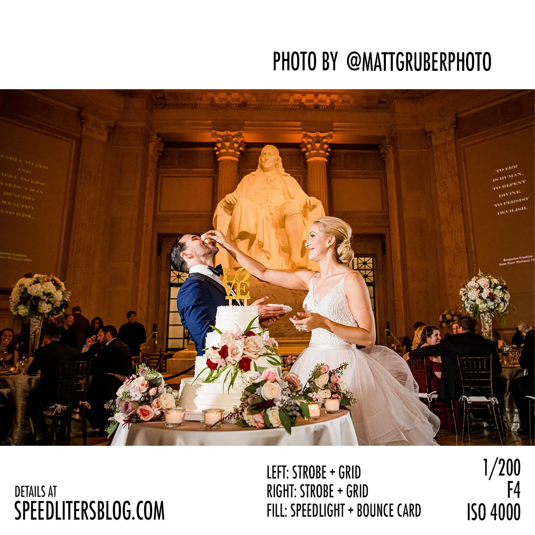 Bride feeding the groom cake in front of the Benjamin Franklin statue, by Matt Gruber