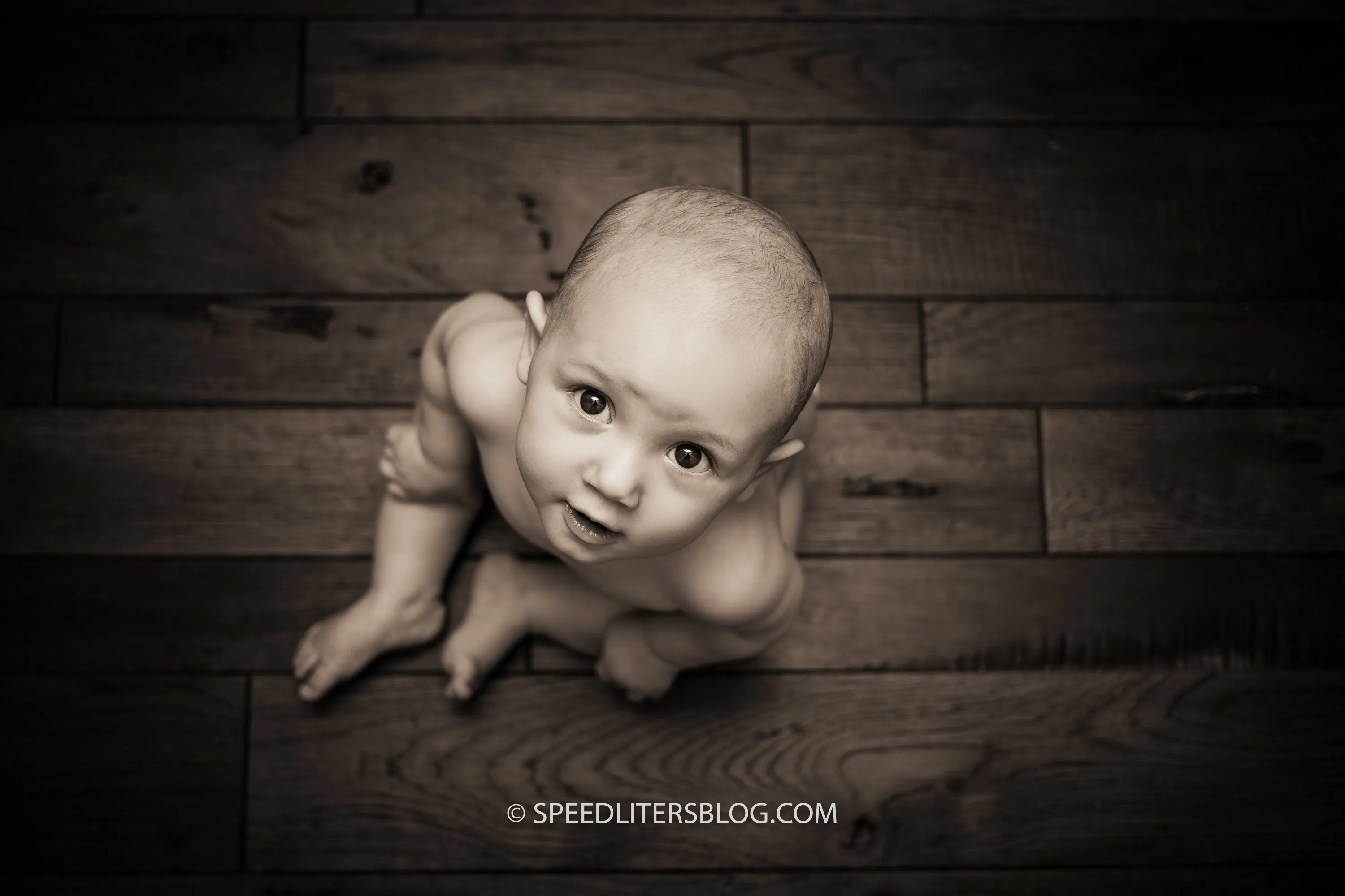 Baby sitting on a wood floor looking up at the camera, lit by bounce flash