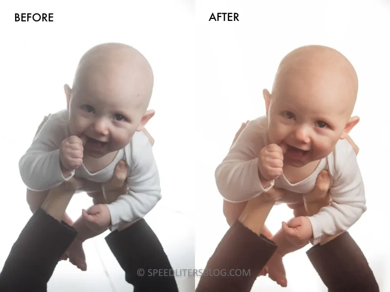 Before and after edit of a smiling baby on a white background