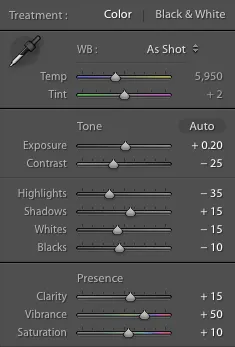 Lightroom Basic panel settings for the baby portrait edit