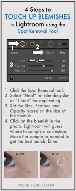 Four steps to touch up blemishes with the Lightroom Spot Removal tool
