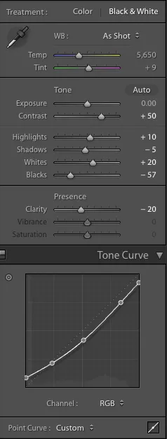Lightroom Basic panel and tone curve settings for the black-and-white baby edit