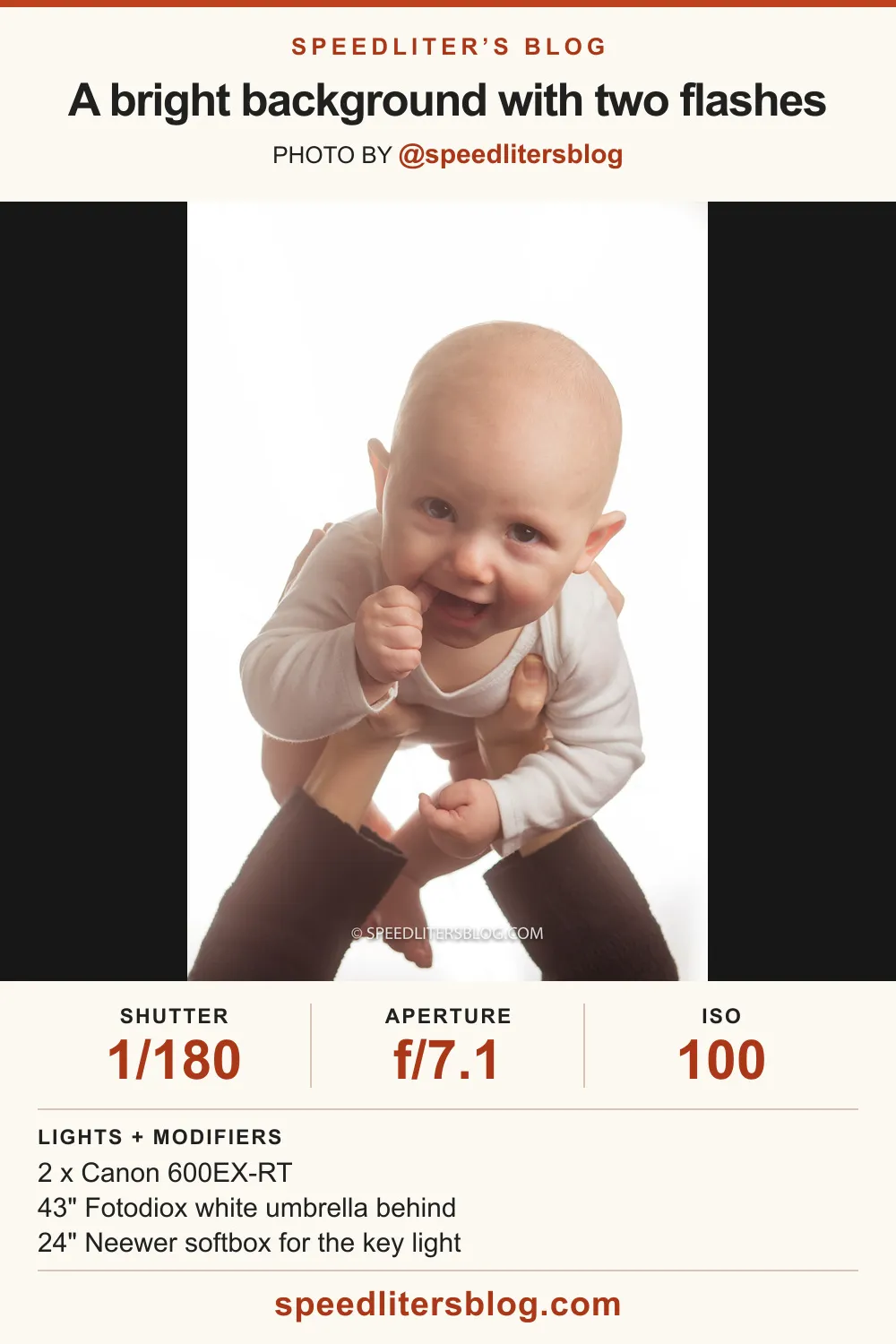 Smiling five-month-old held up by his parent against a white background